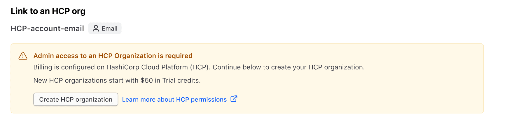Screenshot: Create and link to HCP organization interface
