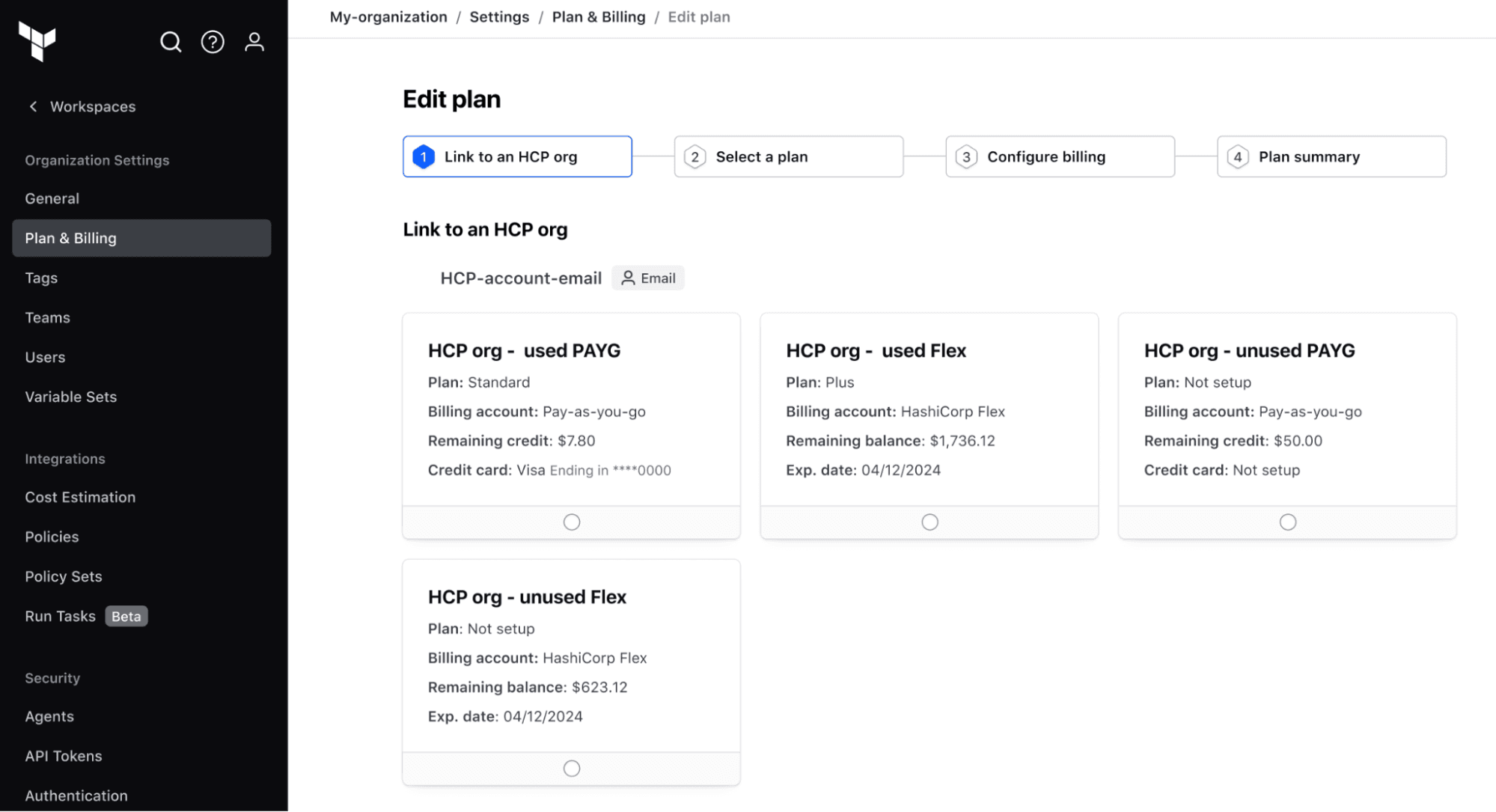 A view prompting the user to choose the billing account to link against