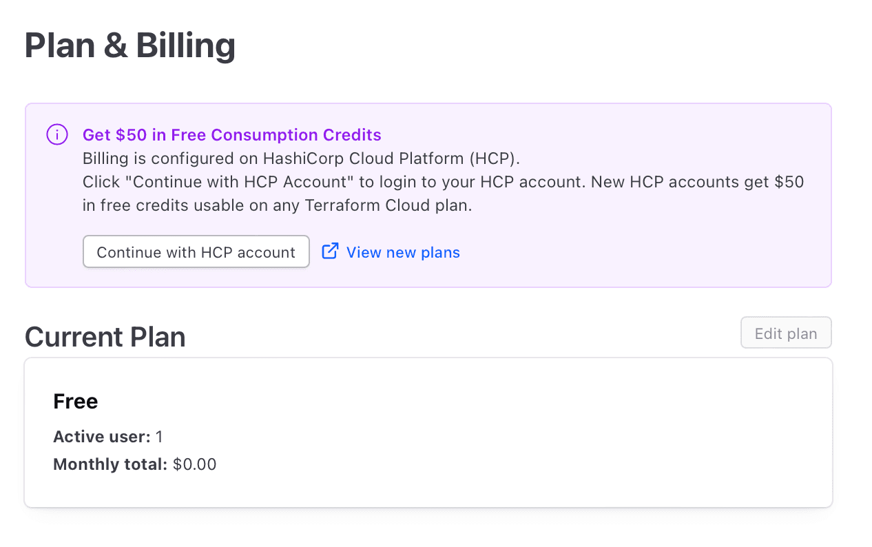 Screenshot: Notification reading that the user must link their HashiCorp Cloud Platform account to change their plan