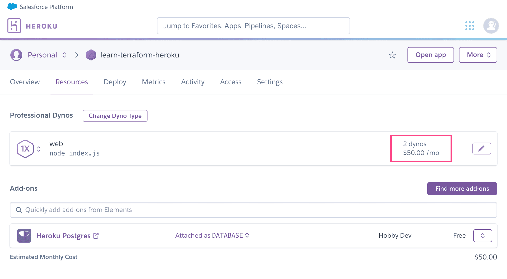 Heroku application now has two dynos