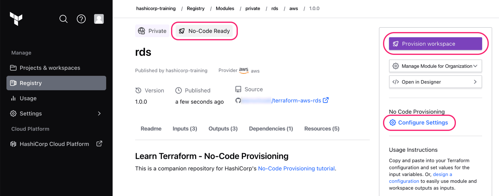 No-code module in TFC registry