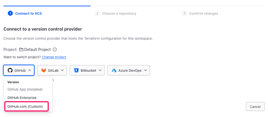 Connect Github.com VCS provider