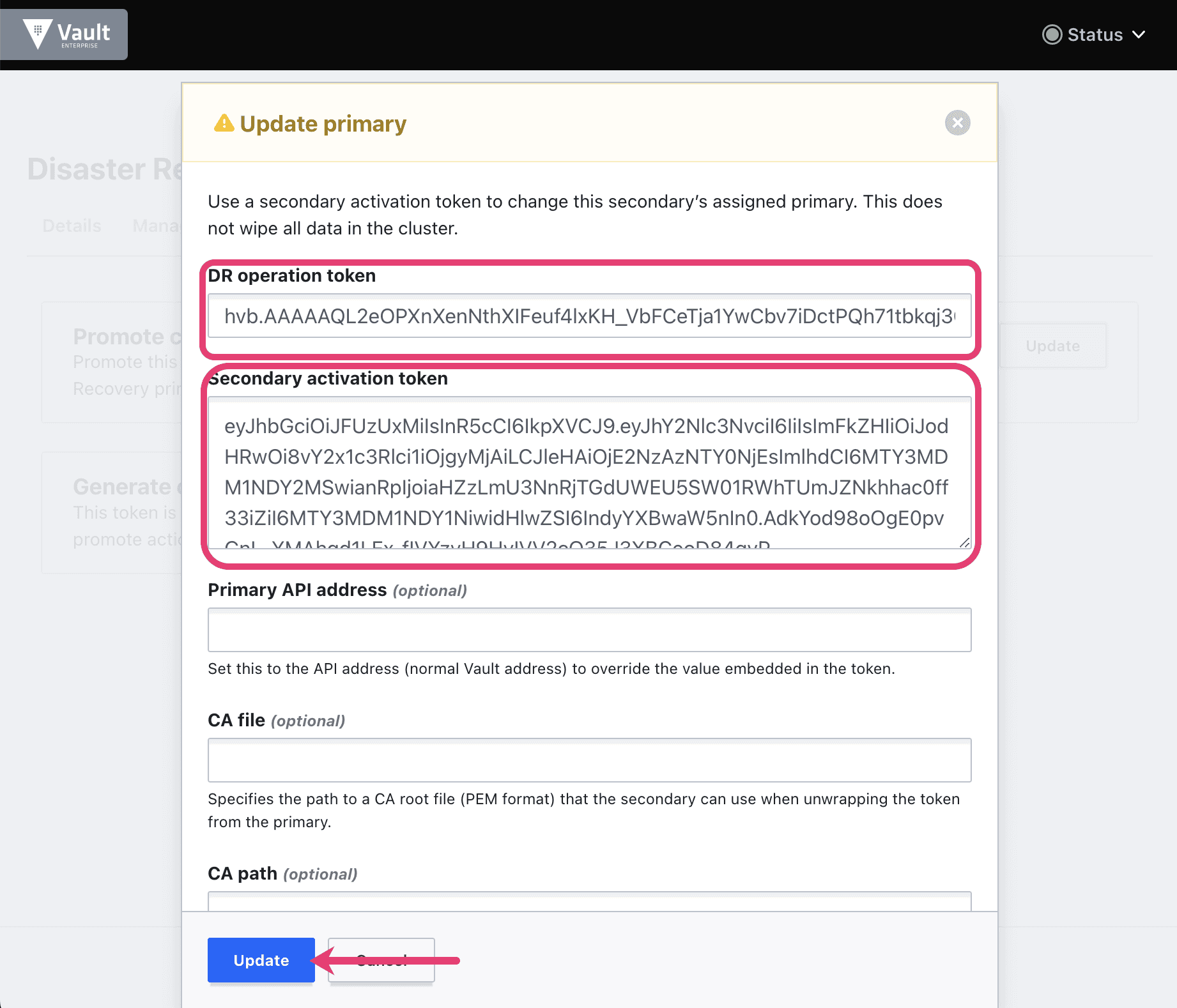 Choosing 'Disaster Recovery' for a secondary mode