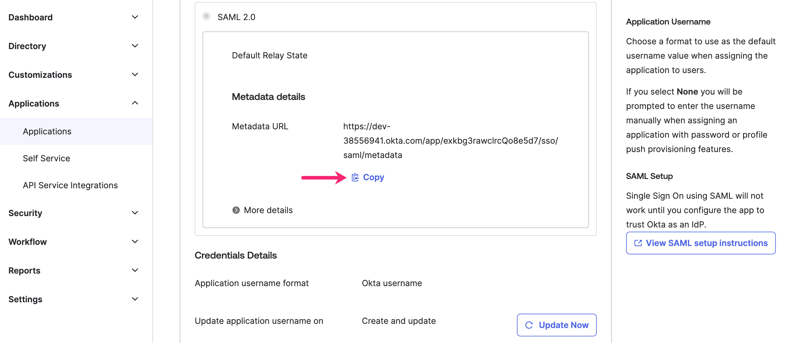 Screenshot showing SAML metadata