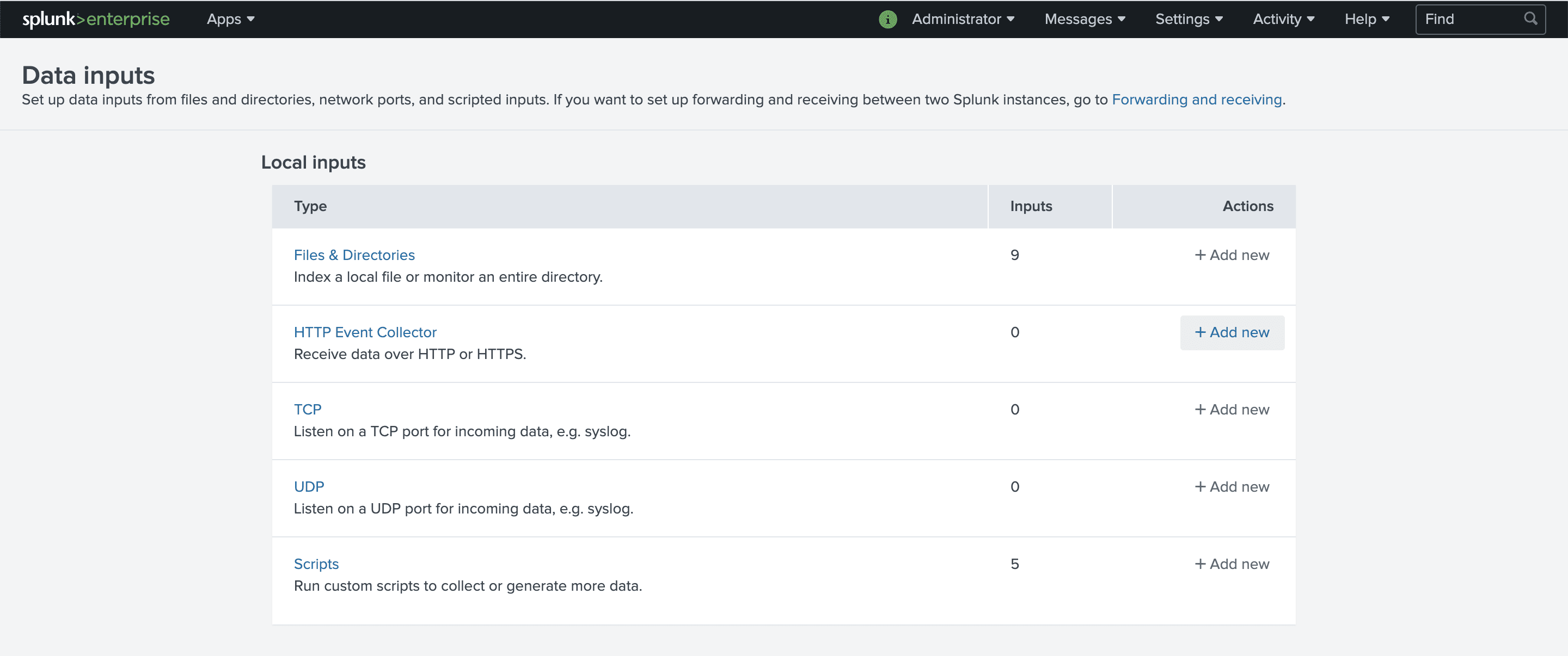 Example data inputs configuration