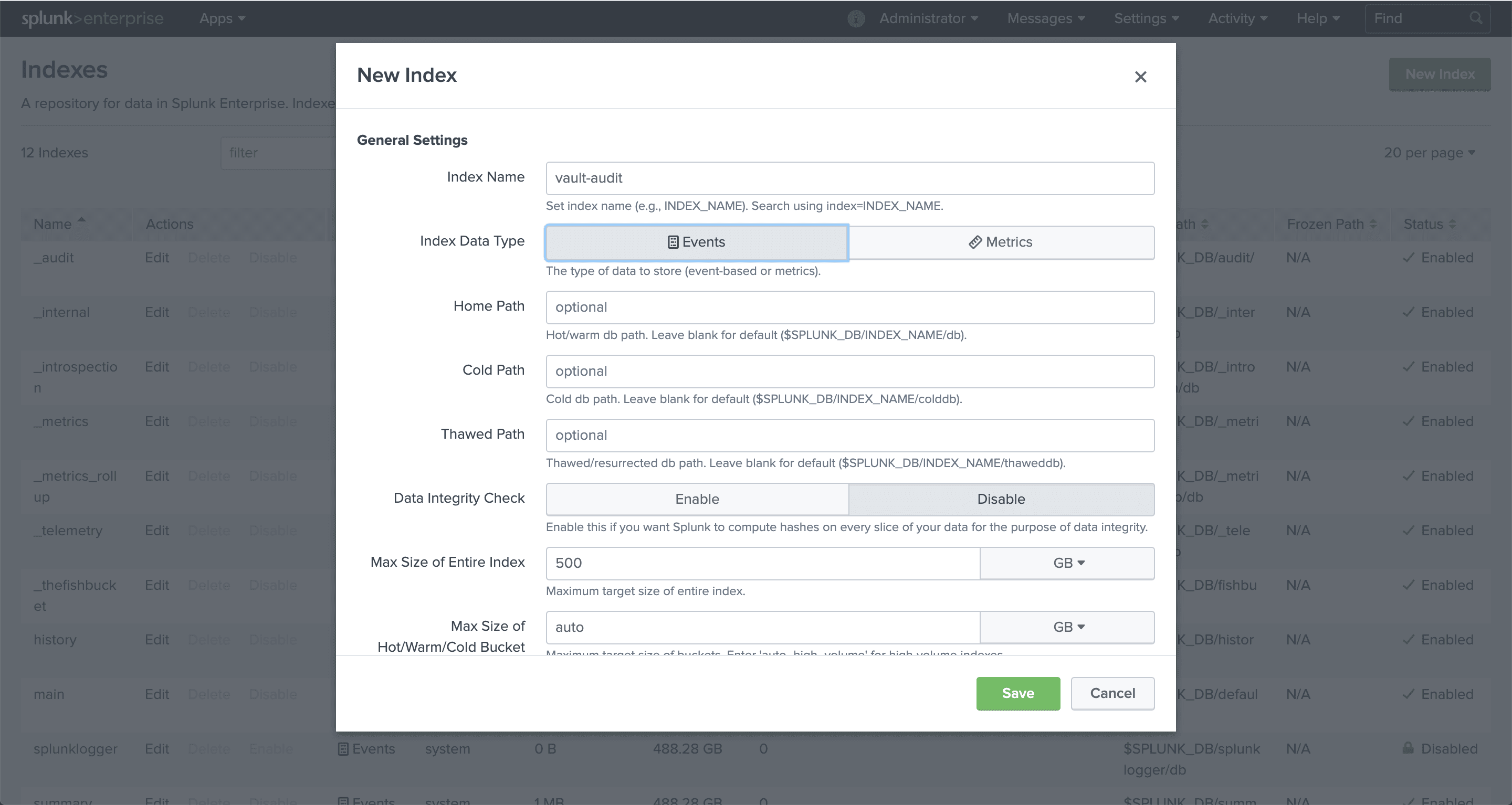 Example metrics index configuration