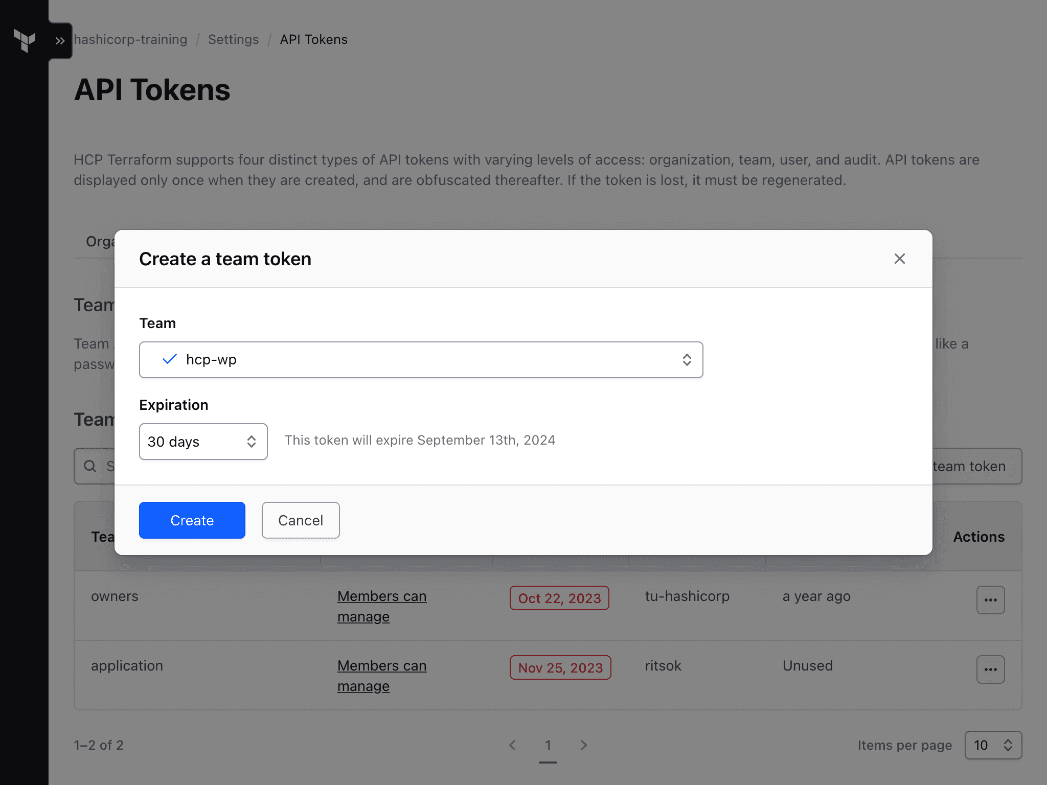 Creating a team token on HCP Terraform